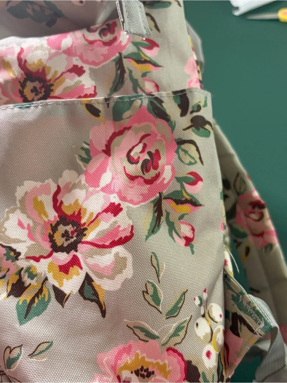 Floral Canvas Backpack in Light Gray with Pink Rose Print